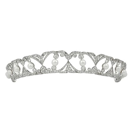 Stephen Russell Edwardian Design Diamond And Pearl Platinum Tiara For Sale at 1stDibs