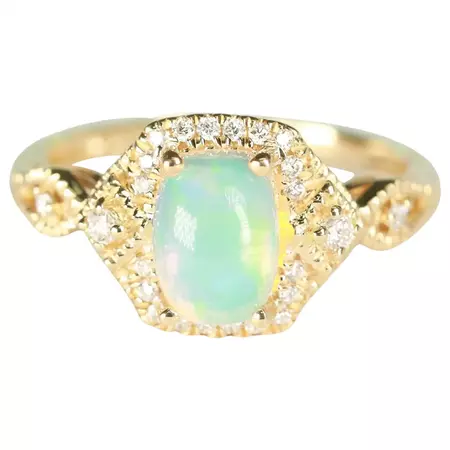 Gin and Grace 14K Yellow Gold Ethiopian Opal Ring with Real Diamonds for Women For Sale at 1stDibs