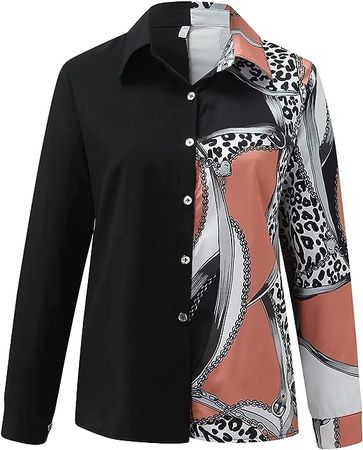 Womens Vintage Print Button Down Shirts V Neck Long Sleeve Collared Office Work Blouses Tops at Amazon Women’s Clothing store