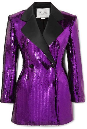 Double-breasted Satin-trimmed Sequined Crepe Mini Dress - Purple