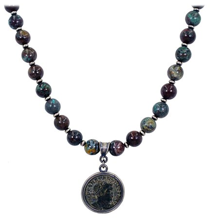 Ancient Roman Bronze Coin and Chrysocolla Beaded Pendant Necklace For Sale at 1stDibs
