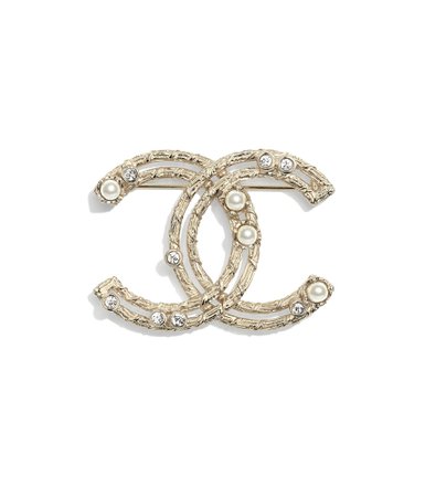 Brooch, metal, glass pearls & strass., gold, pearly white & crystal. - CHANEL