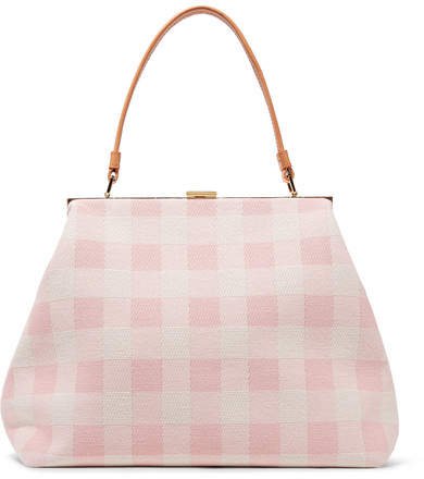 Elegant Leather-trimmed Checked Cotton-canvas Tote - Baby pink