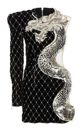 Balmain Dragon Embroidered Velvet Dress