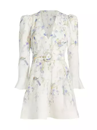 Natural Linen Floral Belted Minidress | Saks Fifth Avenue