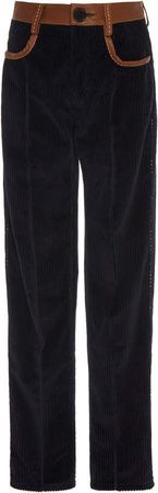 Leather-Trimmed Cotton-Corduroy Straight-Leg Pants Size: