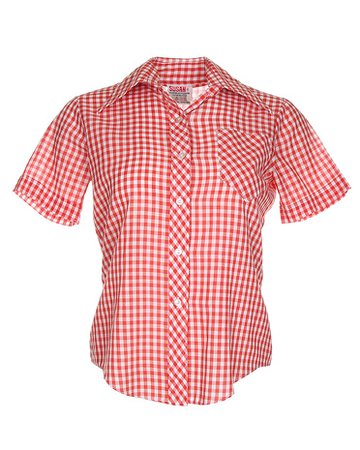 1970's Red And White Gingham Short Sleeve Blouse - S – Rokit