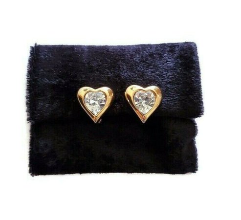 Vintage Monet Gold Tone Large Rhinestone Heart Clip On Earrings - Earrings