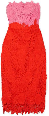 Strapless Two-tone Guipure Lace Midi Dress - Red
