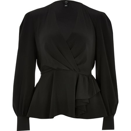 Black long sleeve peplum wrap blouse | River Island
