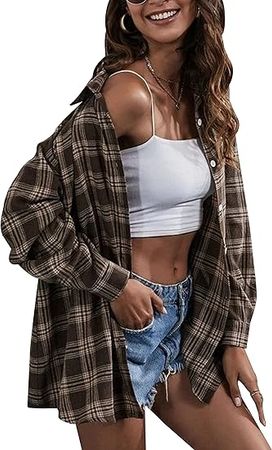HangNiFang Flannel Shirts for Women Oversized Coffee Plaid Shirts Blouse Tops(0368-Coffee-M) at Amazon Women’s Clothing store