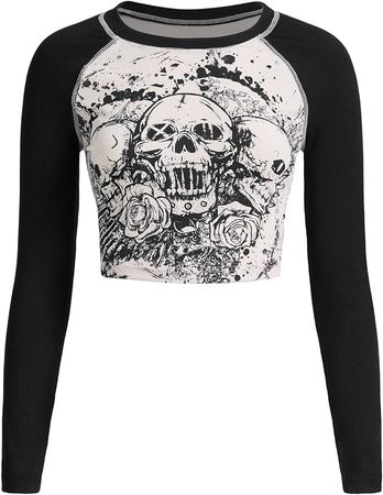 SOLY HUX Women's Y2K Shirt Gothic Long Sleeve Crop Tops Graphic Tees Skull Floral Print T Shirts at Amazon Women’s Clothing store