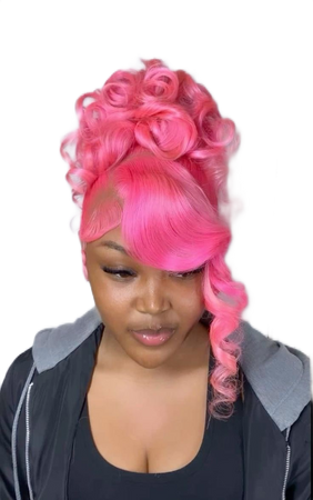 pink bun and bang hairstyle