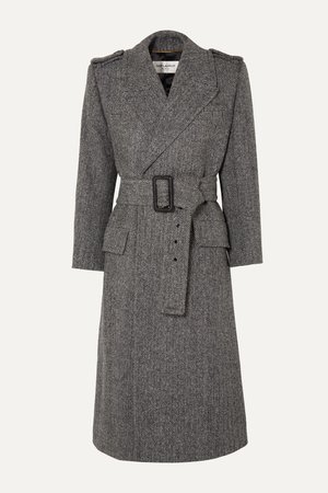 SAINT LAURENT, Belted herringbone wool coat