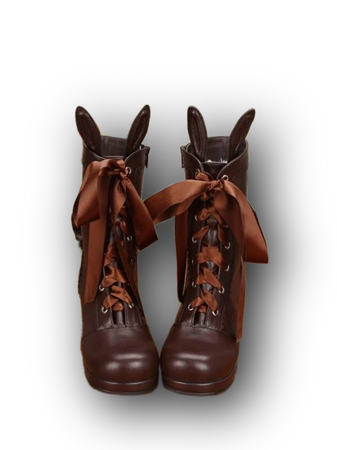 Coffee Brown Lolita Short Boots Square Heels Lace Up Bunny Ear Decor