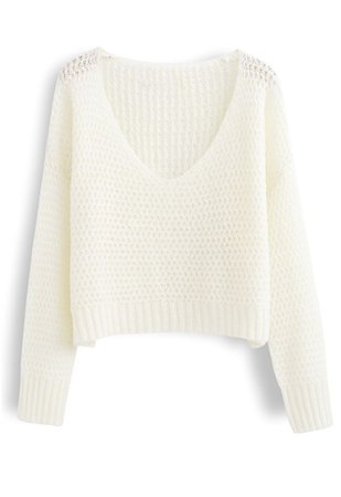 Fluffy Knit Hollow Out Crop Sweater in Ivory - Retro, Indie and Unique Fashion