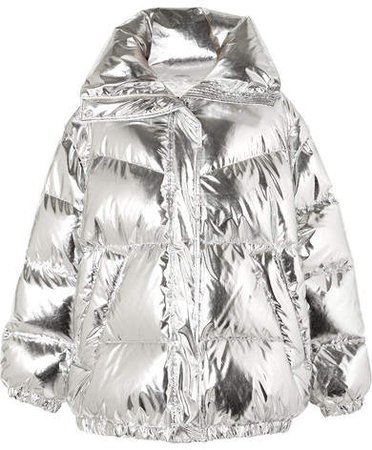 Oversized Quilted Metallic Shell Down Jacket - Silver