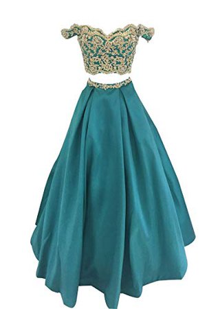 SHNE Off-Shoulder Gold Lace Applique Two Piece Satin Formal Evening Prom Dress at Amazon Women’s Clothing store: