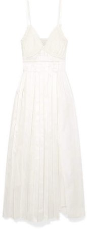 Pleated Paneled Cotton, Silk And Satin Midi Dress - White
