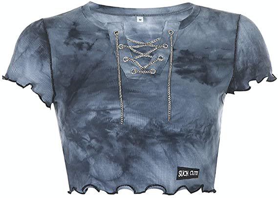 Y2K Clothes Women and Teen Girls Short Sleeve Tie Dye Lace Up E-Girl Crop Top Fashion Y2K Shirts Streetwear (C Tie Dye Purple, Large) at Amazon Women’s Clothing store