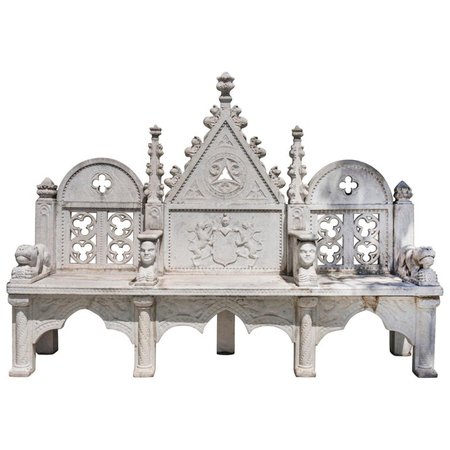 French 19th Century Gothic Style 3-Seat Carved Marble Bench with Armorial Motif For Sale at 1stdibs