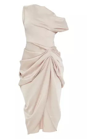 Champagne Satin Off The Shoulder Skirt Midi Dress | PrettyLittleThing USA