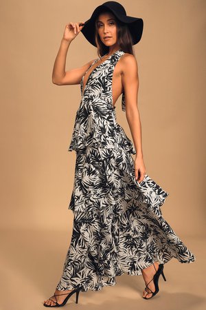 Black and White Print Dress - Halter Maxi Dress - Ruffled Maxi