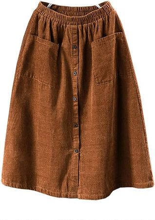 Femirah Women's Elastic Waist A-Line Corduroy Midi Skirt Front Split Buttons Long Skirt (Style 1-Brown) at Amazon Women’s Clothing store