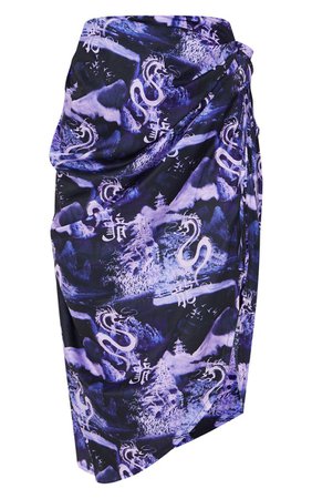 Lilac Oriental Dragon Print Ruched Tie Midi Skirt | PrettyLittleThing USA