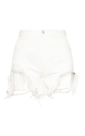 White Distressed Longline Denim Shorts | PrettyLittleThing