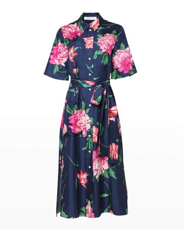 Carolina Herrera Floral-Print Waist-Tie Midi Shirtdress | Neiman Marcus