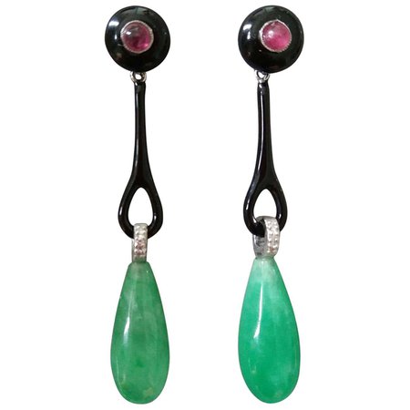 Art Deco Style Jade Gold Rubies Diamonds Black Onix Black Enamel Drop Earrings For Sale at 1stDibs