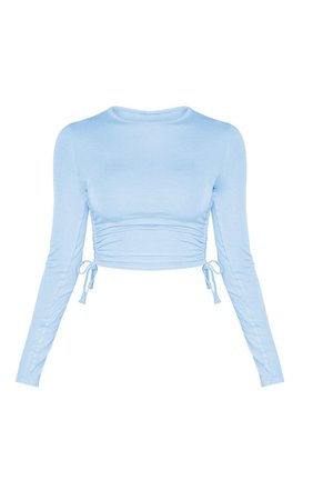 BABY BLUE JERSEY RUCHED SIDE LONG SLEEVE TOP