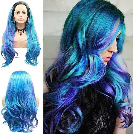 Amazon.com : AFBeauty Lace Front Wig Highlight Blue Purple Colorful Wavy Ombre Wigs for Women Lace Frontal Pink Green Wig Synthetic Heat Resistant Natural Loose Wave Glueless Lace Wig 24 Inch Daily Party Cosplay : Beauty & Personal Care