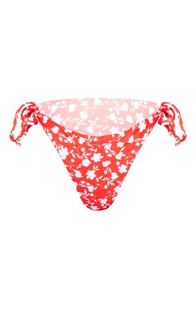 Red Floral Tie Side Full Bikini Bottom | PrettyLittleThing USA