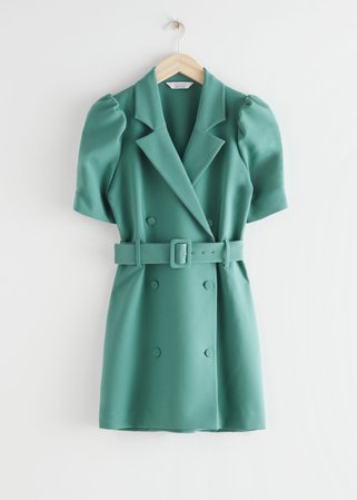 Puff Sleeve Belted Mini Dress - Green - Mini dresses - & Other Stories