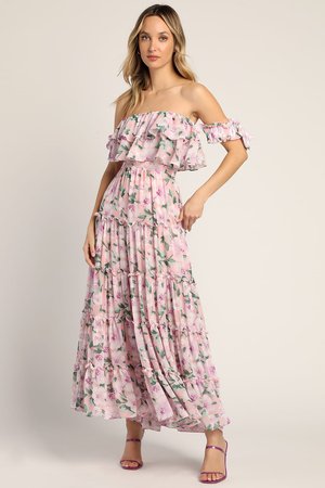 Blush Floral Maxi Dress - Off-the-Shoulder Dress - Ruffled Dress - Lulus