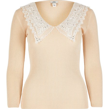 Cream organza lace collar fitted top | River Island