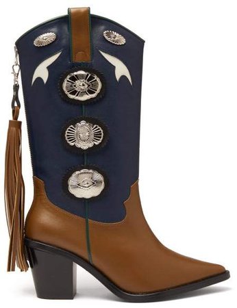 Two Tone Leather Cowboy Boots - Womens - Khaki Multi