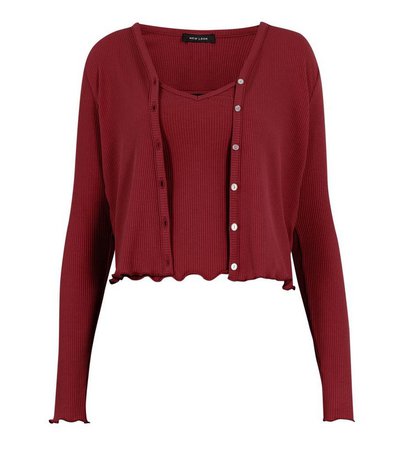 Dark Red Ribbed Cardigan and Cami Set | New Look