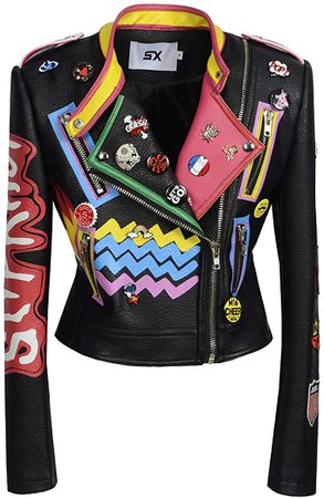 SX Women's Punk Floral Embroidered Faux Leather Moto PU Jacket Coat (S, Black) at Amazon Women's Coats Shop