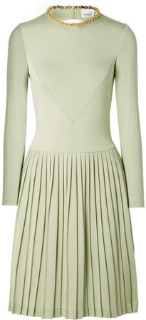 Chain-embellished Open-back Pleated Silk-blend And Jersey Dress - Light green