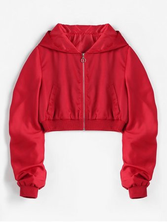 [67% OFF] 2019 Zip Front Crop Hooded Jacket In RED L | ZAFUL