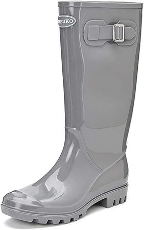 Amazon.com | DKSUKO Women's Tall Rain Boots Waterproof Wellington Boots (9 B(M) US,Bright Grey) | Rain Footwear