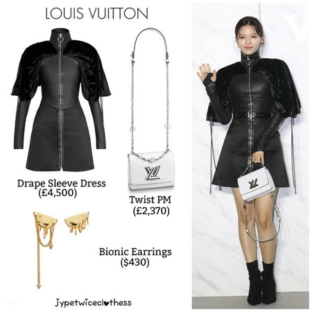 Twice's Fashion on Instagram: “JEONGYEON LOUIS VUITTON EVENT LOUIS VUITTON- Draped Sleeve Dress (£4,500) & Twist PM (£2,370) & Bionic Earrings ($430) #twicefashion…”