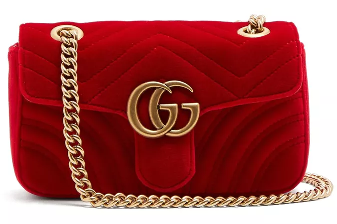 Gucci GG Marmont Shoulder Bag Matelasse Velvet Small Hibiscus Red in Velvet with Antique Gold-tone