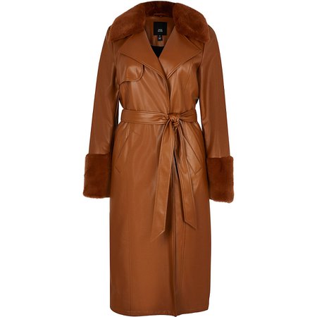 Brown faux leather longline trench coat | River Island