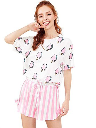 DIDK Women's Popsicle Print Tee and Bow Detail Striped Shorts PJ Set White L at Amazon Women’s Clothing store: