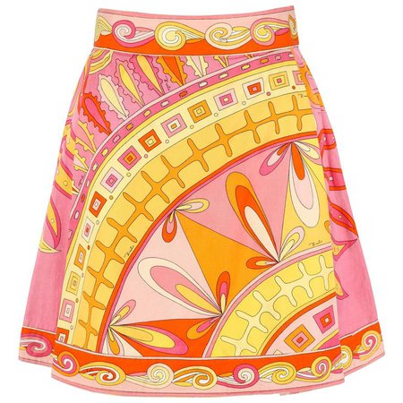 EMILIO PUCCI c.1960s Pink Orange Floral Signature Print Cotton A-Line Mini Skirt