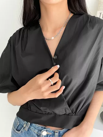 DAZY Puff Sleeve Overlap Collar Blouse | SHEIN USA